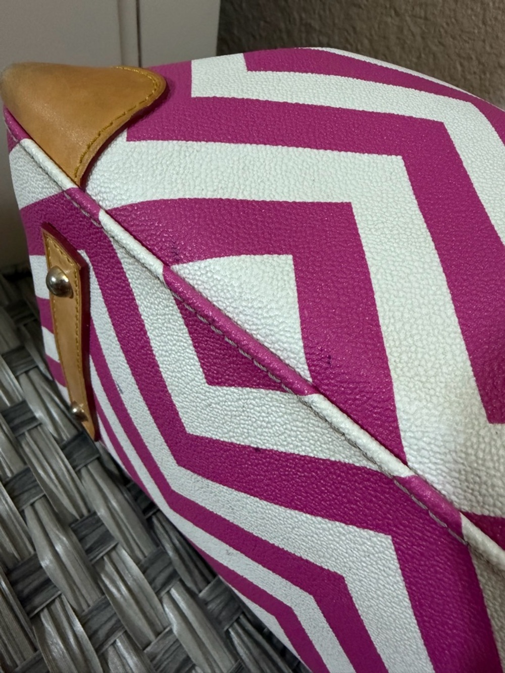 Dooney & Bourke Pink & White Geena Chevron Top Handle Satchel - Tan Leather Trim - Picture 14 of 16